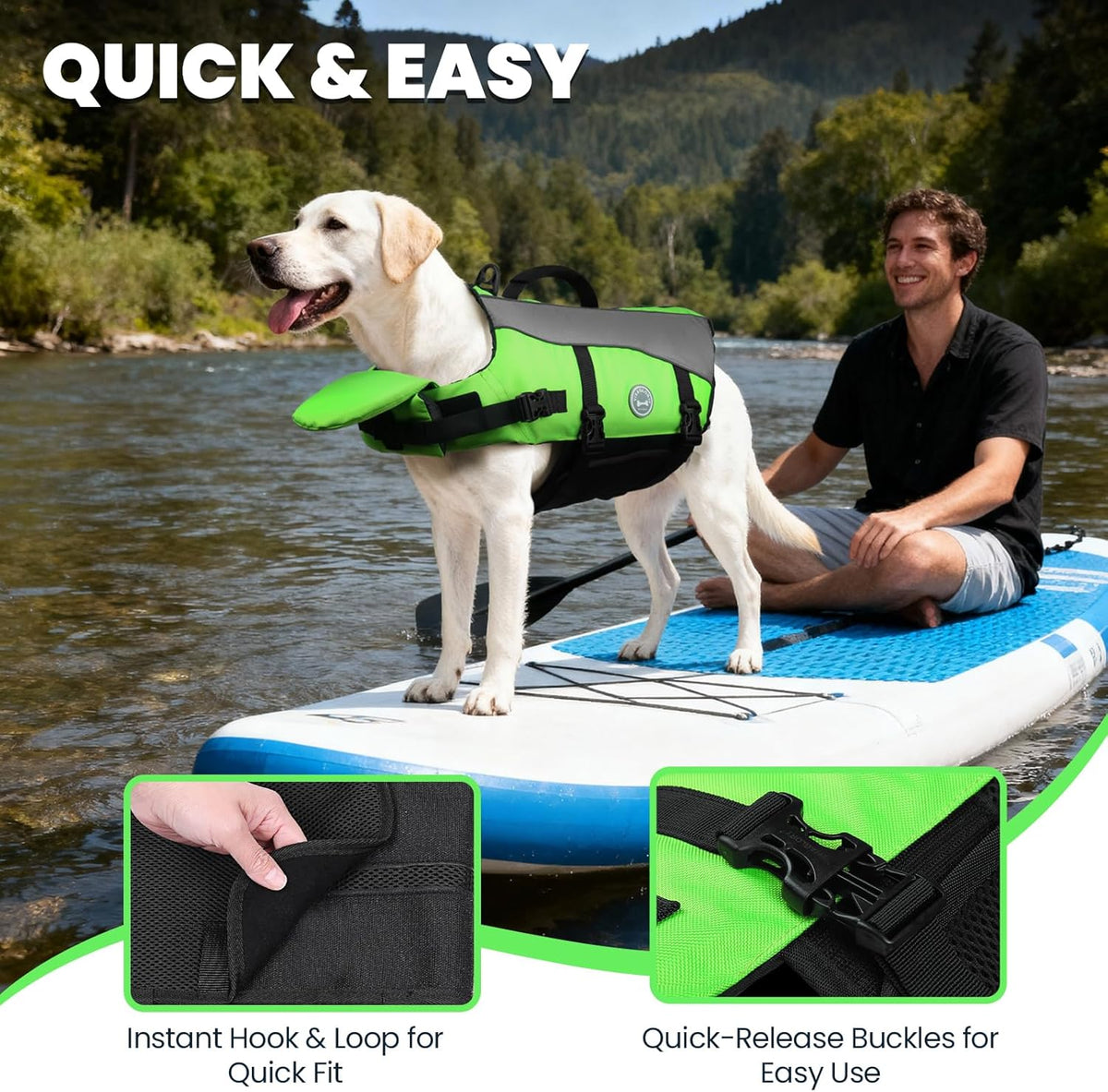 Dog Life Vest Front Float Dog Swim Vest, XXS, Bright Green | Life Jacket with Chin Float & Handle for Swimming & Boating, High Visibility Adjustable for Doggy Cat Puppy