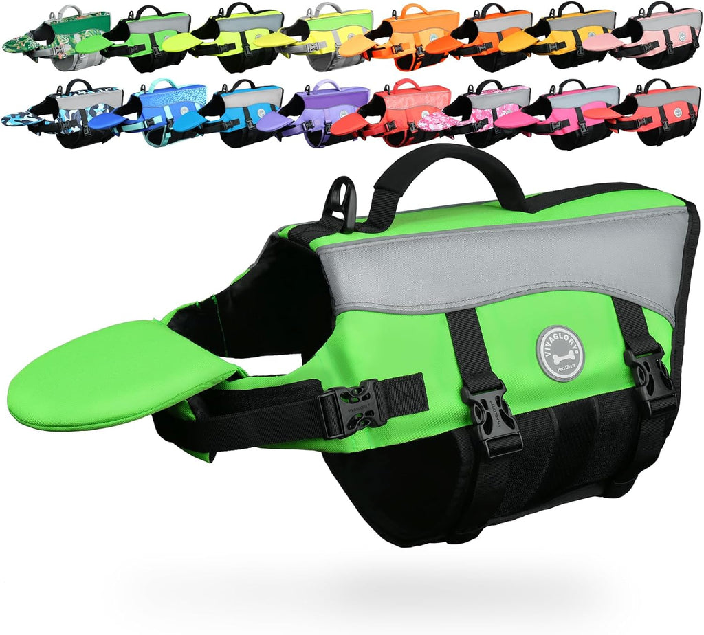 Dog Life Vest Front Float Dog Swim Vest, XXS, Bright Green | Life Jacket with Chin Float & Handle for Swimming & Boating, High Visibility Adjustable for Doggy Cat Puppy