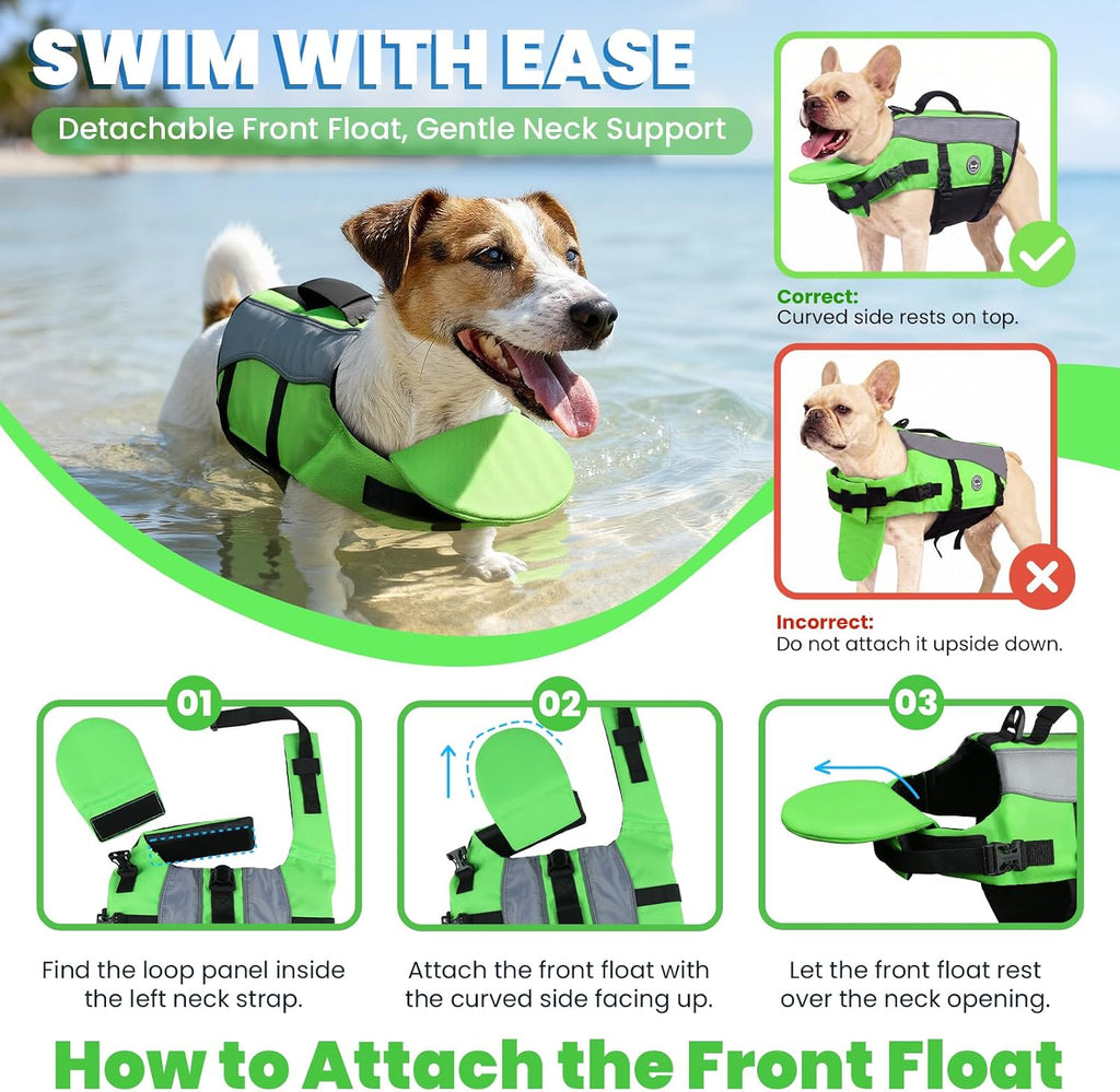 Dog Life Vest Front Float Dog Swim Vest, XXS, Bright Green | Life Jacket with Chin Float & Handle for Swimming & Boating, High Visibility Adjustable for Doggy Cat Puppy
