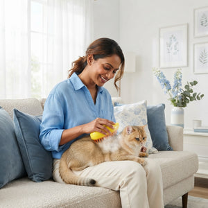 A South Asian woman grooming her calm cat with a steam brush in a bright, modern, sky blue and white living room.