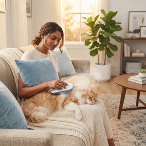 A South Asian woman calmly grooming her cat with a steam brush in a bright, modern living room.