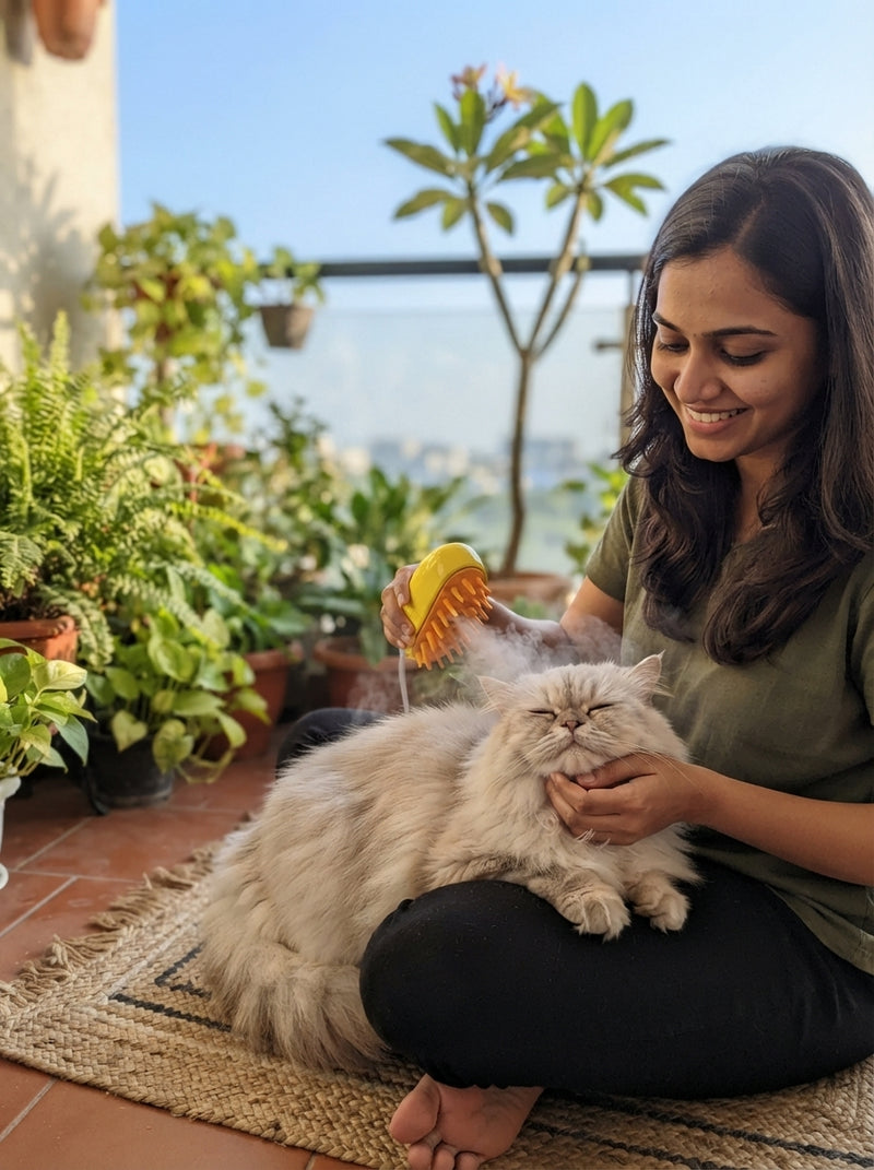 A woman grooming her Persian cat with a steam brush on a sunny balcony.